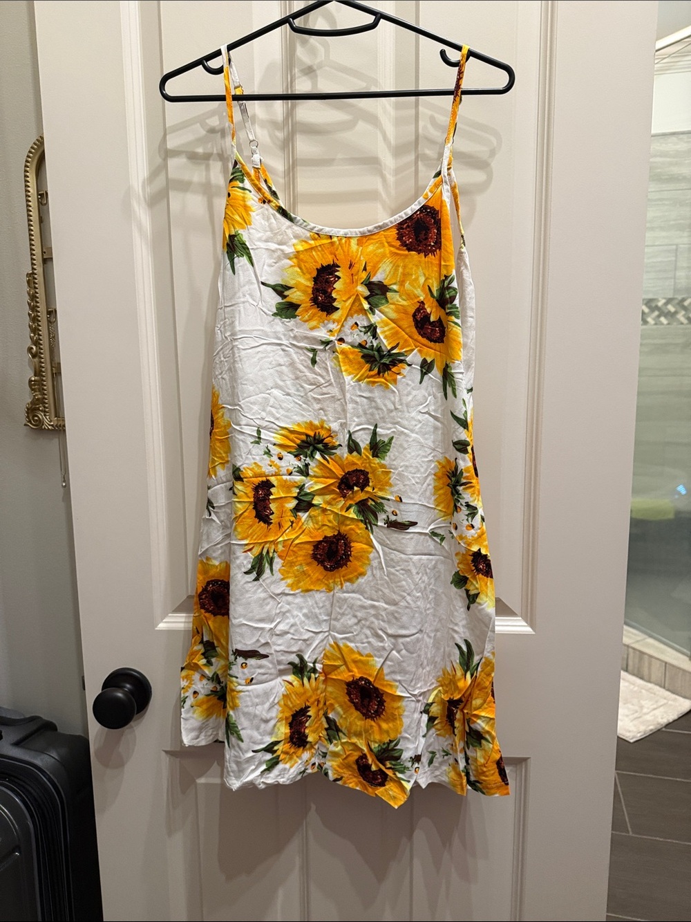 Sunflower Print Spaghetti Strap Dress - White & Yellow